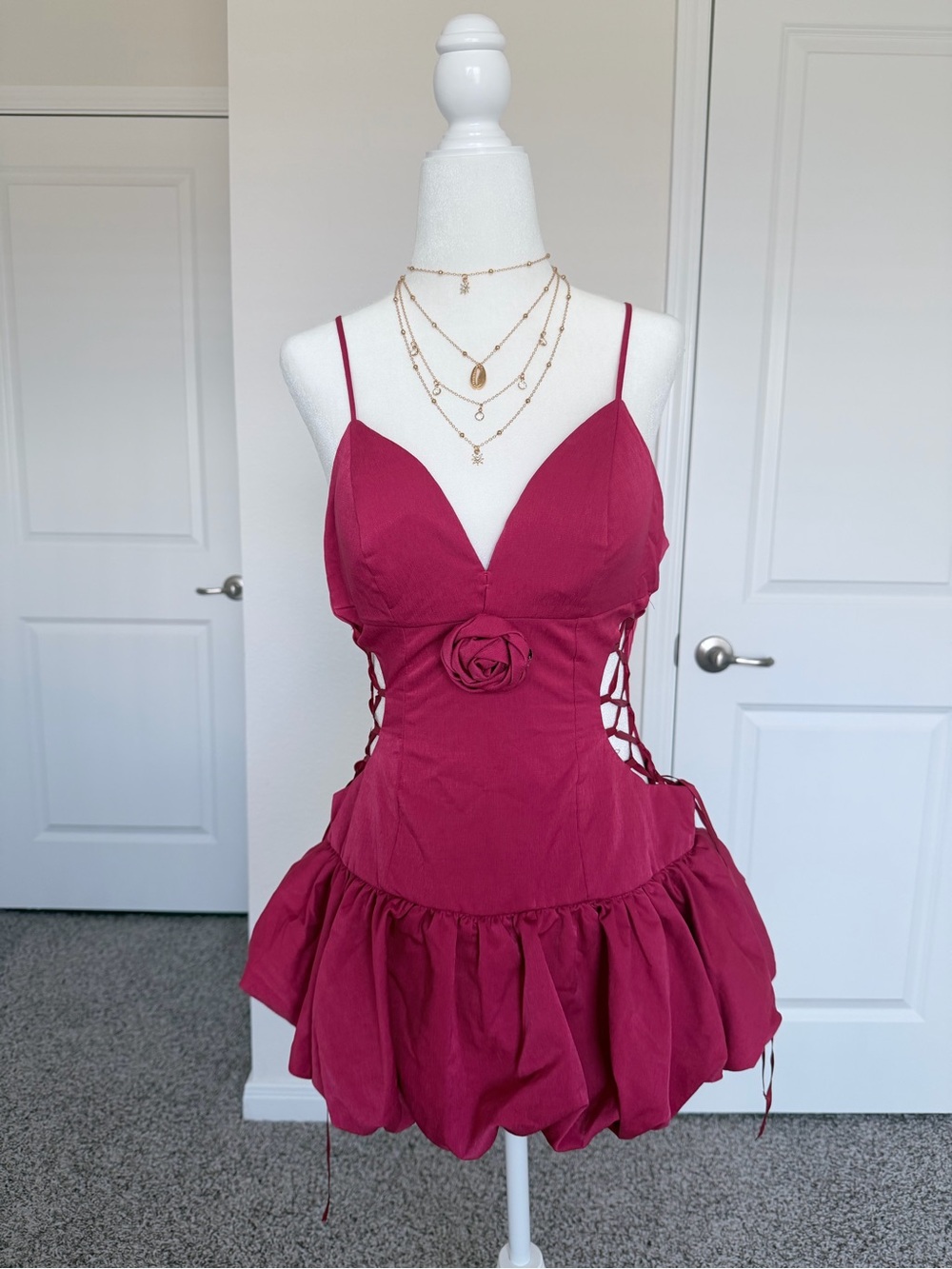 Burgundy Lace-Up Mini Dress Sexy Coquette